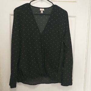Lush Black Long Sleeve V-Neck Blouse with White Dot Print